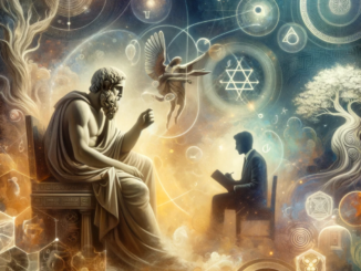 Platon en conversation avec un franc-maçon, entouré de symboles ésotériques et philosophiques
