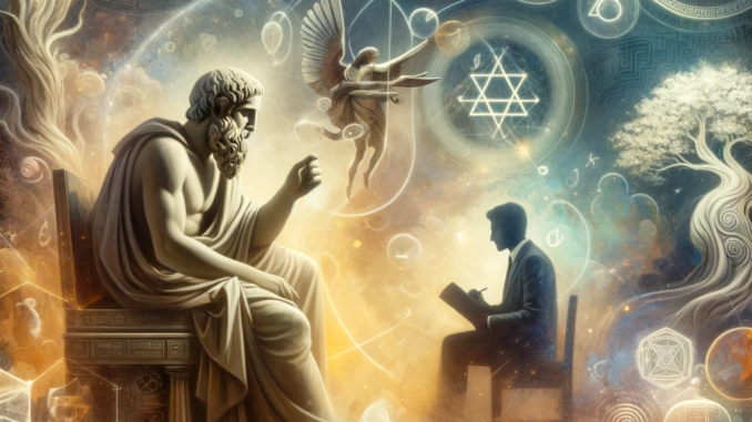 Platon en conversation avec un franc-maçon, entouré de symboles ésotériques et philosophiques
