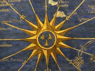 Image d'un soleil doré avec des abeilles au centre, sur un fond bleu orné de symboles maçonniques et d'écritures latines, évoquant la quête maçonnique de sagesse et d'unité.