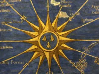 Image d'un soleil doré avec des abeilles au centre, sur un fond bleu orné de symboles maçonniques et d'écritures latines, évoquant la quête maçonnique de sagesse et d'unité.