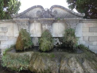 Fontaine en pierre ancienne avec des visages sculptés, partiellement recouverte de végétation.