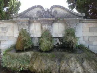 Fontaine en pierre ancienne avec des visages sculptés, partiellement recouverte de végétation.