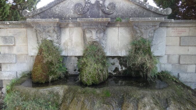 Vestiges du temps Fontaine en pierre ancienne avec des visages sculptés, partiellement recouverte de végétation.