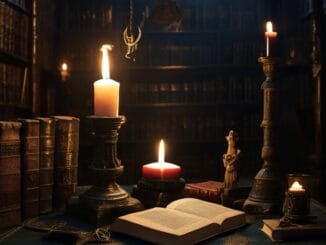 Bibliothèque mystique avec livres anciens, bougie et symboles maçonniques éclairés d'une lumière douce.