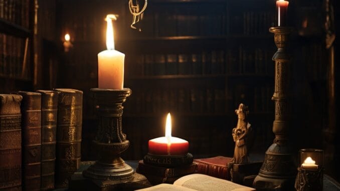 La Sagesse Occulte de la Franc-Maçonnerie Bibliothèque mystique avec livres anciens, bougie et symboles maçonniques éclairés d'une lumière douce.