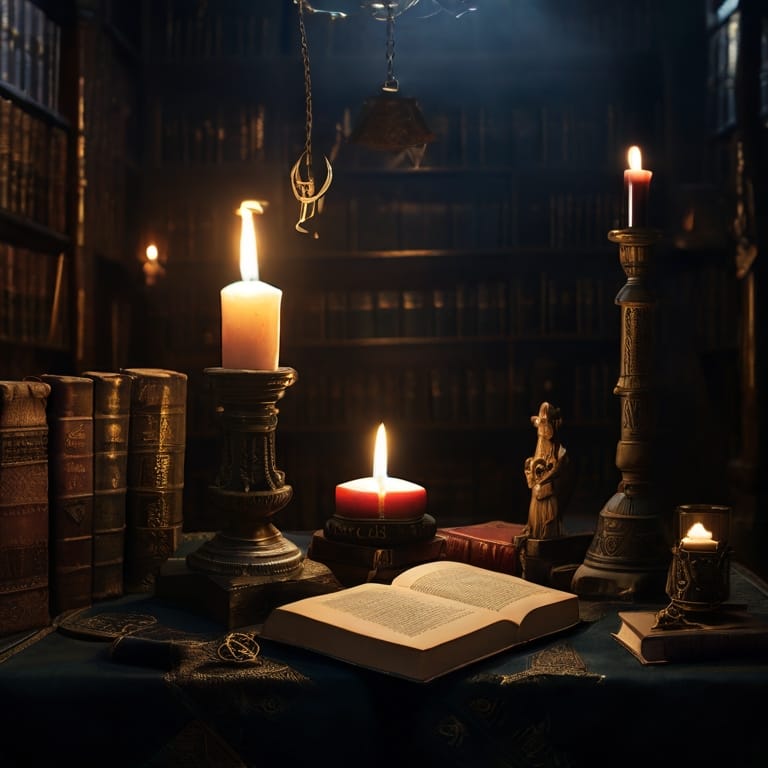 Bibliothèque mystique avec livres anciens, bougie et symboles maçonniques éclairés d'une lumière douce.