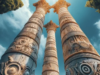Colonnes anciennes restaurées avec des gravures symboliques s'élevant vers un ciel bleu clair, entourées de verdure, évoquant un lieu de réflexion caché.