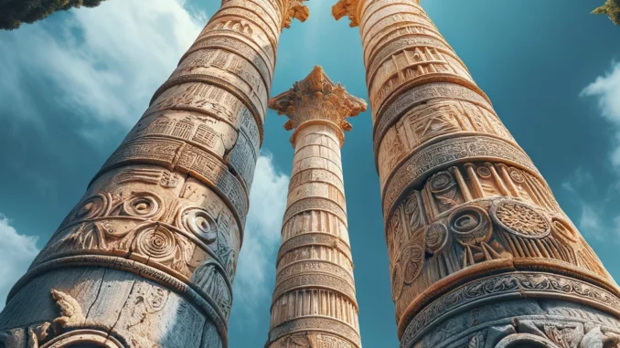 Sagesse Céleste Colonnes anciennes restaurées avec des gravures symboliques s'élevant vers un ciel bleu clair, entourées de verdure, évoquant un lieu de réflexion caché.
