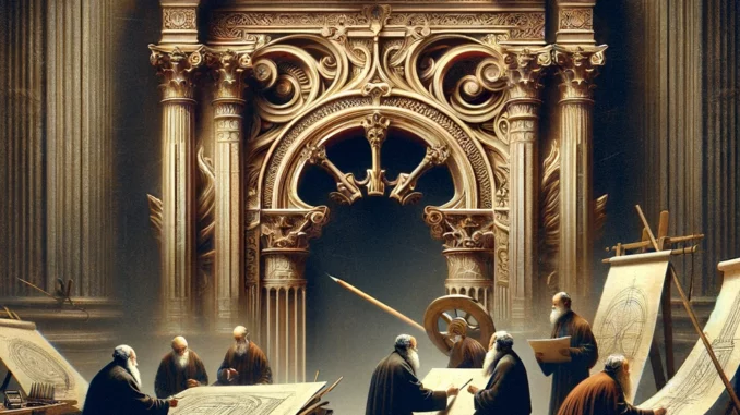 Travail sur une pièce d'architecture classique dans un atelier ancien.