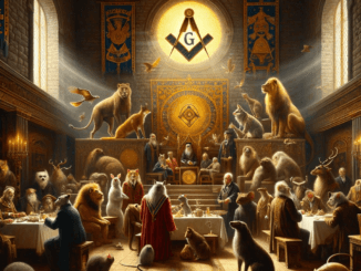 Une représentation allégorique d'animaux anthropomorphes, tels qu'un lion, un rat et un chat, engagés dans un dialogue sérieux dans une loge, évoquant le thème de la guérison spirituelle.
