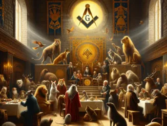 Une représentation allégorique d'animaux anthropomorphes, tels qu'un lion, un rat et un chat, engagés dans un dialogue sérieux dans une loge, évoquant le thème de la guérison spirituelle.