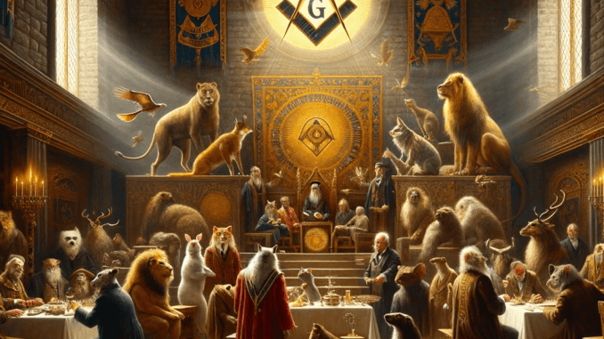 Conclave Initiatique des Animaux Une représentation allégorique d'animaux anthropomorphes, tels qu'un lion, un rat et un chat, engagés dans un dialogue sérieux dans une loge, évoquant le thème de la guérison spirituelle.