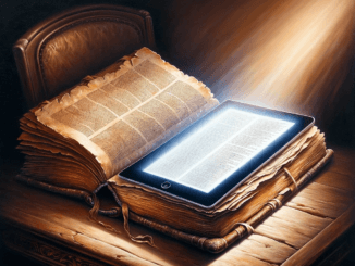 Un livre ancien et une tablette moderne sur une table, baignés dans une lumière symbolisant la connaissance, représentant la fusion entre tradition et technologie.