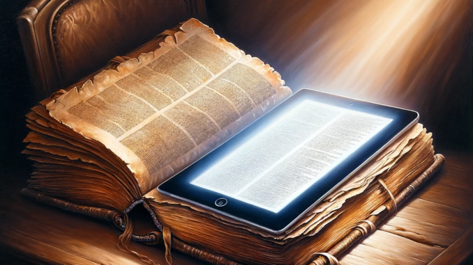 Tradition et Modernité Un livre ancien et une tablette moderne sur une table, baignés dans une lumière symbolisant la connaissance, représentant la fusion entre tradition et technologie.