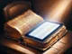 Un livre ancien et une tablette moderne sur une table, baignés dans une lumière symbolisant la connaissance, représentant la fusion entre tradition et technologie.