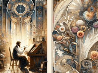 Un artiste est assis à son bureau, concentré sur sa création, dans un studio richement décoré avec des éléments floraux et géométriques dans le style Art Nouveau.