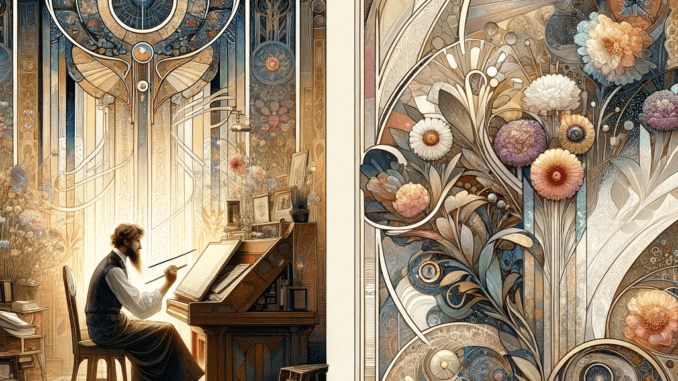 Hommage à l'Esprit de Mucha Un artiste est assis à son bureau, concentré sur sa création, dans un studio richement décoré avec des éléments floraux et géométriques dans le style Art Nouveau.