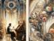Un artiste est assis à son bureau, concentré sur sa création, dans un studio richement décoré avec des éléments floraux et géométriques dans le style Art Nouveau.