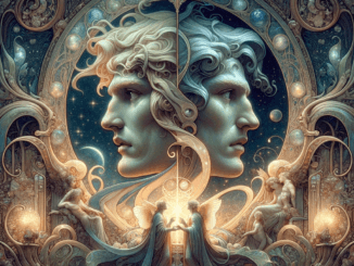 Représentation artistique de Janus, dieu de la dualité, entouré de symboles ésotériques et d'une aura de mystère.