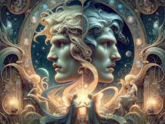 Représentation artistique de Janus, dieu de la dualité, entouré de symboles ésotériques et d'une aura de mystère.