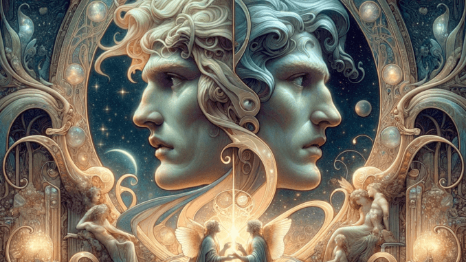 Représentation artistique de Janus, dieu de la dualité, entouré de symboles ésotériques et d'une aura de mystère.