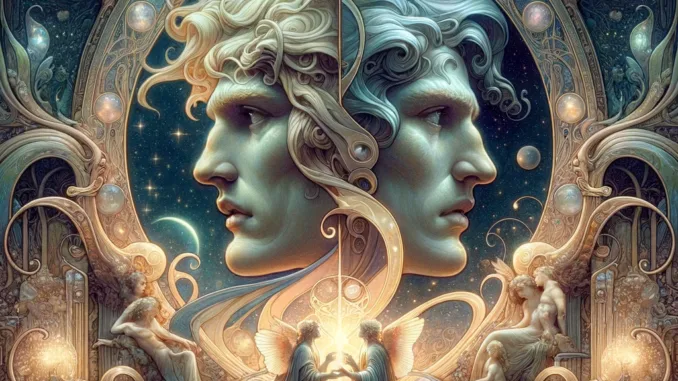 Janus : Porte du Temps et de l'Espace Représentation artistique de Janus, dieu de la dualité, entouré de symboles ésotériques et d'une aura de mystère.