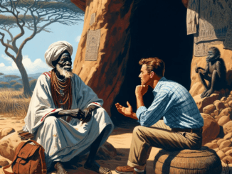Griot africain en tenue traditionnelle racontant une histoire à un voyageur occidental en Afrique, symbolisant un échange culturel riche.