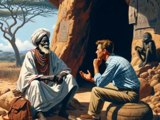Griot africain en tenue traditionnelle racontant une histoire à un voyageur occidental en Afrique, symbolisant un échange culturel riche.