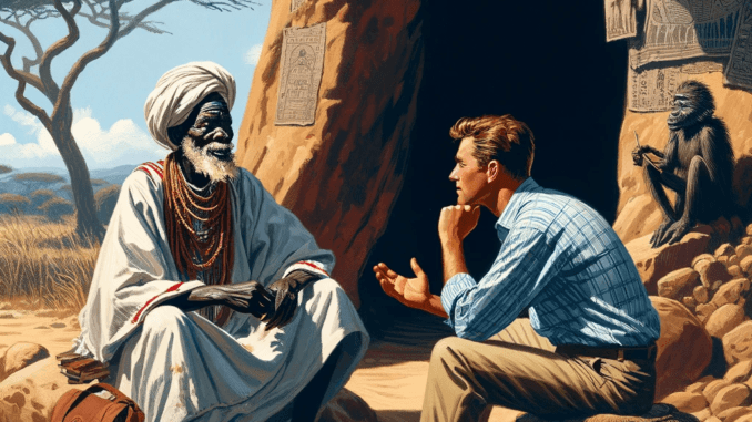 echange de Sagesses Le Griot et le Voyageur Griot africain en tenue traditionnelle racontant une histoire à un voyageur occidental en Afrique, symbolisant un échange culturel riche.