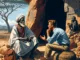Griot africain en tenue traditionnelle racontant une histoire à un voyageur occidental en Afrique, symbolisant un échange culturel riche.
