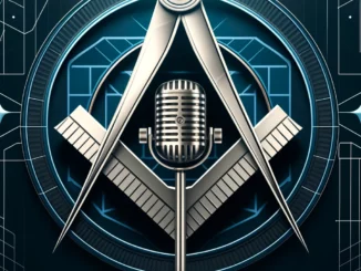 Microphone placé devant l’équerre et le compas dans une illustration symbolique de la franc-maçonnerie, évoquant un entretien sur l’initiation, la parole et la quête de vérité.