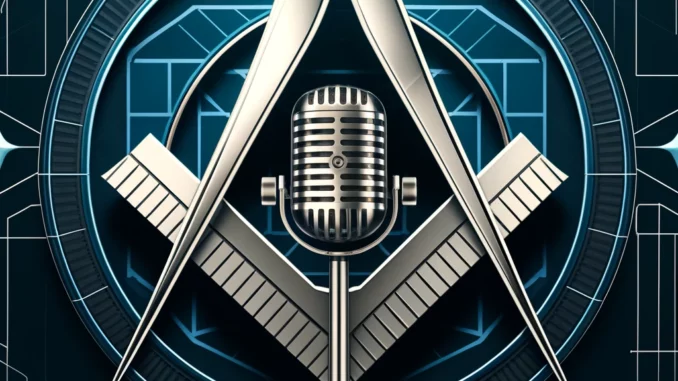 Parole maçonnique au cœur du symbole Microphone placé devant l’équerre et le compas dans une illustration symbolique de la franc-maçonnerie, évoquant un entretien sur l’initiation, la parole et la quête de vérité.