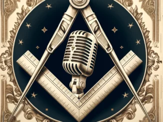 Microphone au centre d’un compas et d’une équerre maçonniques, symbole de transmission ésotérique