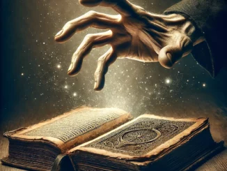 Main atteignant un grimoire ancien ouvert, symbolisant la quête de connaissance et de salut intérieur dans une société matérialiste.