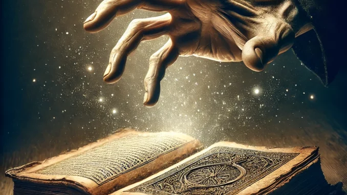 La Connaissance comme Salut Main atteignant un grimoire ancien ouvert, symbolisant la quête de connaissance et de salut intérieur dans une société matérialiste.