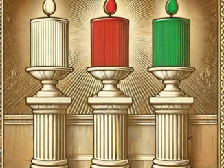 Illustration vintage des flambeaux maçonniques au REAA avec scintillements et lumière rouge représentant sagesse, force et beauté.