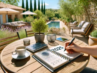 Planification des travaux maçonniques 2025 en plein air avec une tasse de café.