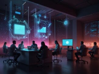 Équipe travaillant avec des hologrammes et des interfaces numériques avancées.