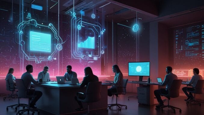 De retour au travail Équipe travaillant avec des hologrammes et des interfaces numériques avancées.