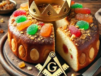 alette des Rois avec couronne et fève en forme d’équerre et compas maçonniques.