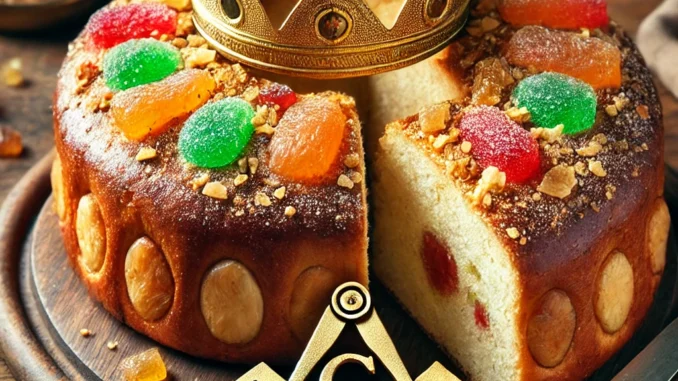 Galette des Rois symbolique alette des Rois avec couronne et fève en forme d’équerre et compas maçonniques.