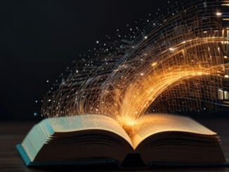 Livre ouvert avec des flux numériques lumineux, illustrant la connexion entre la littérature et l’intelligence artificielle.