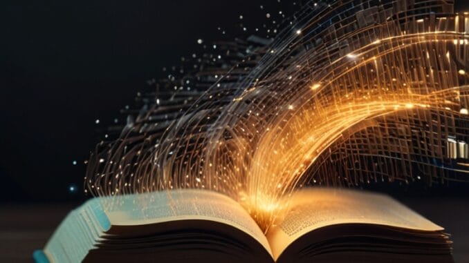La fusion du livre et du numérique Livre ouvert avec des flux numériques lumineux, illustrant la connexion entre la littérature et l’intelligence artificielle.