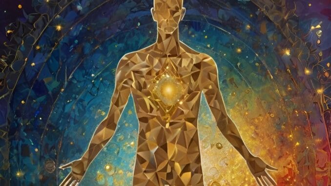 Homme illuminé par la quête spirituelle Silhouette dorée illuminée, symbolisant l’élévation spirituelle.