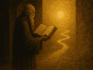 Vieil homme lisant un livre sacré devant un chemin lumineux symbolique