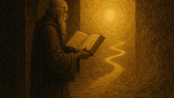 L’initié face au chemin de lumière Vieil homme lisant un livre sacré devant un chemin lumineux symbolique