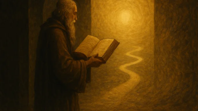L’initié face au chemin de lumière Vieil homme lisant un livre sacré devant un chemin lumineux symbolique