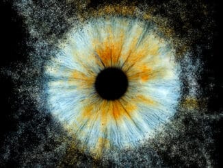 Œil humain stylisé en explosion cosmique symbolisant l’union entre l’homme et l’univers