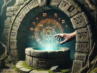Main tendue vers un puits magique entouré de symboles kabbalistiques et maçonniques dans un décor mystique