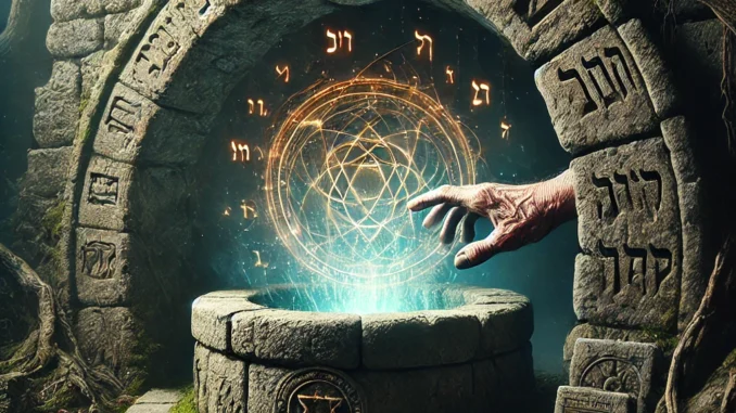 Puissance kabbalistique au seuil de l’initiation Main tendue vers un puits magique entouré de symboles kabbalistiques et maçonniques dans un décor mystique